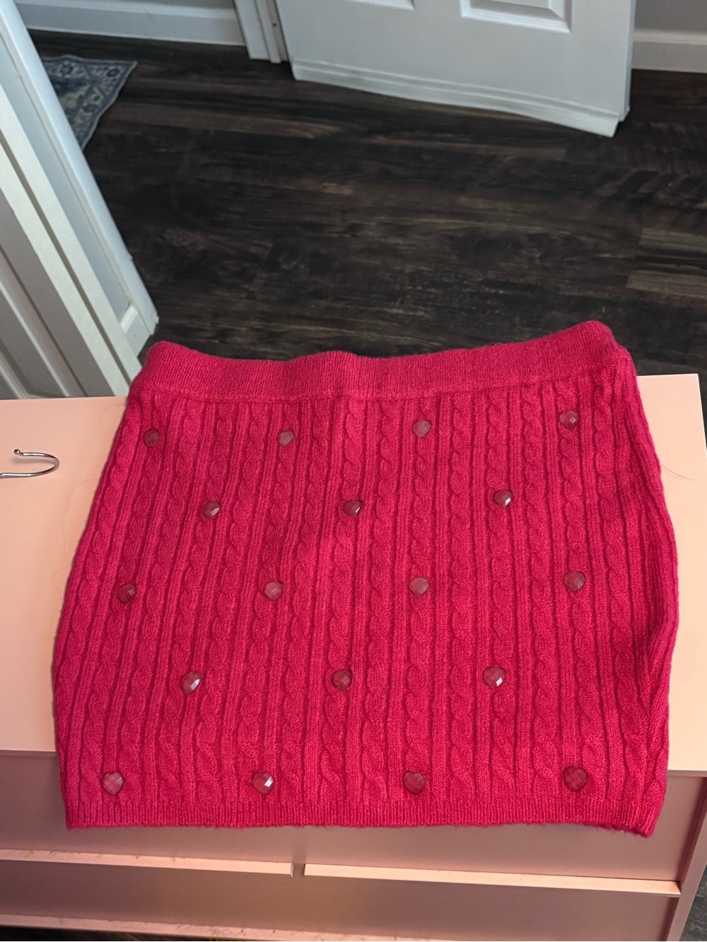 Pink Cable-Knit Mini Skirt with Stud Detail